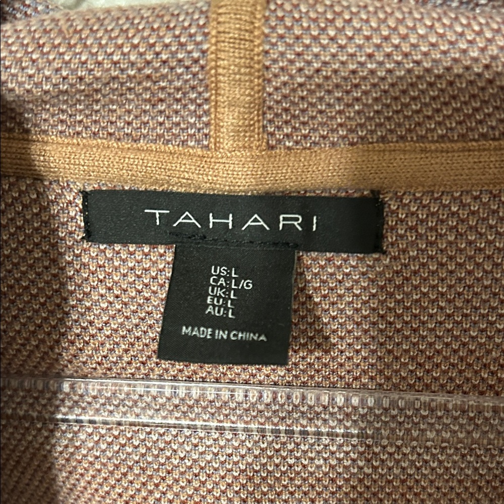 🎠Tahari Plaid cardigan tan brown open front hooded size L GUC - Picture 4 of 10